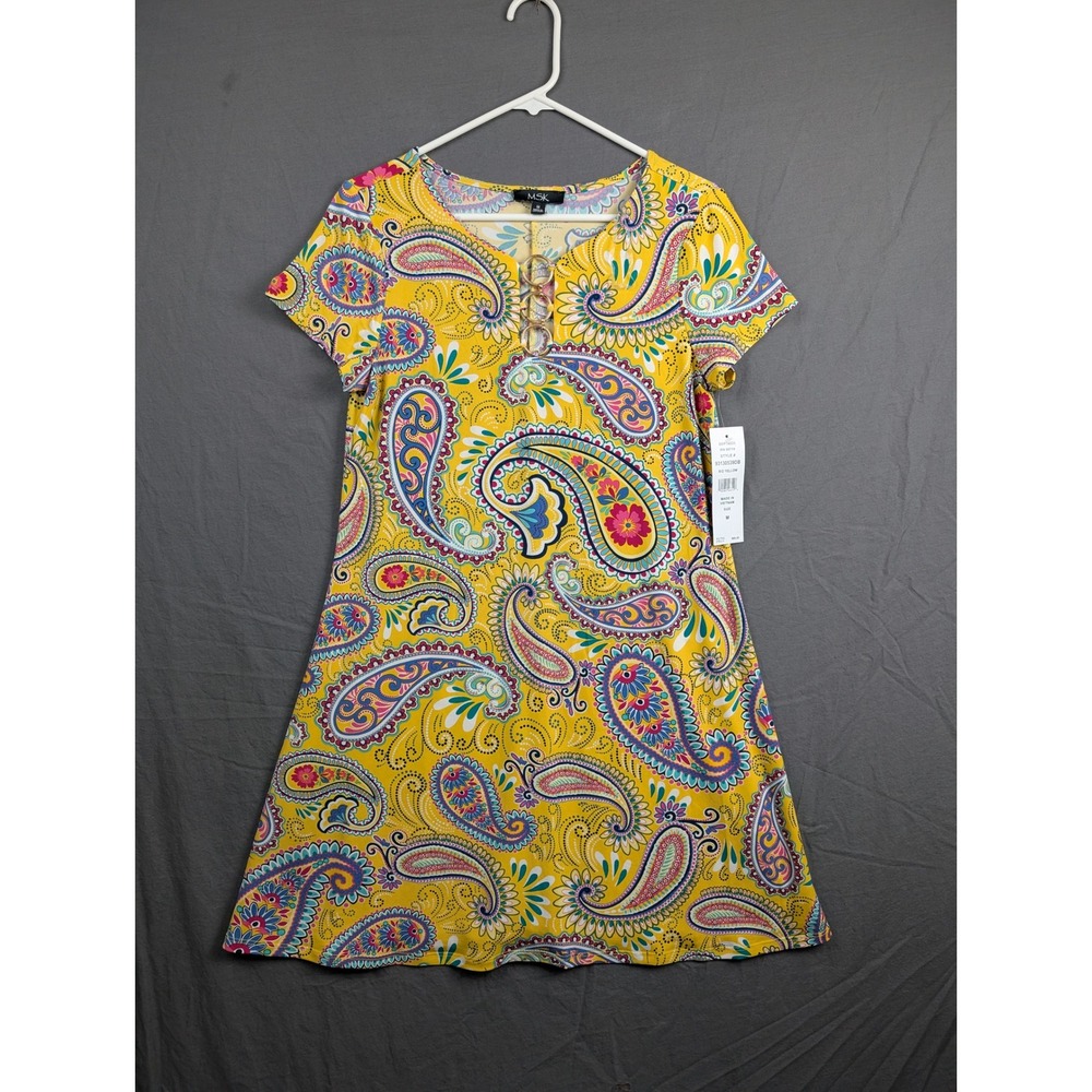 MSK Womens Yellow Paisley Short Sleeve A-Line Dress Size M